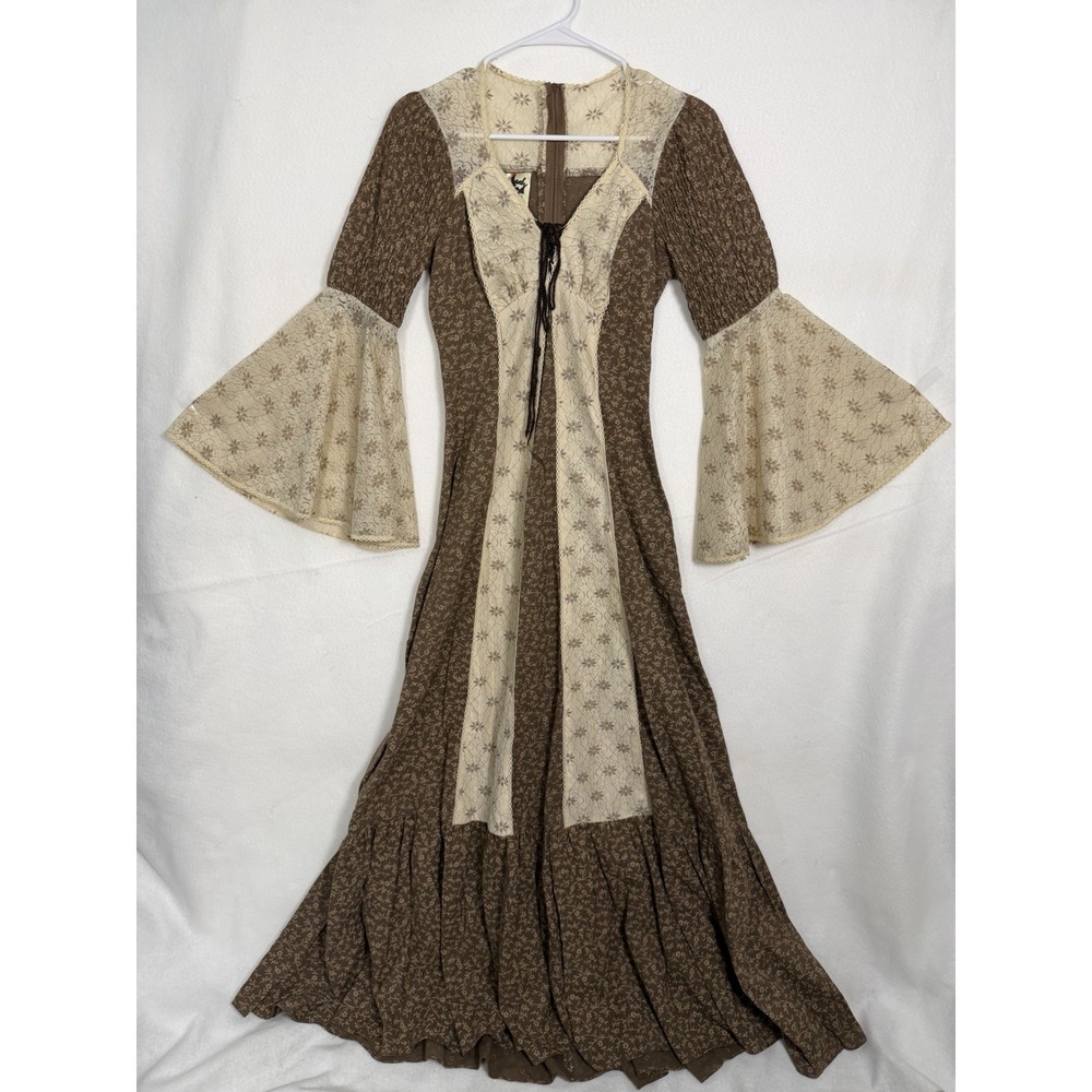 Vintage 1970s Jody T Of California Floral Lace Romance Prairie Dress Brown 5